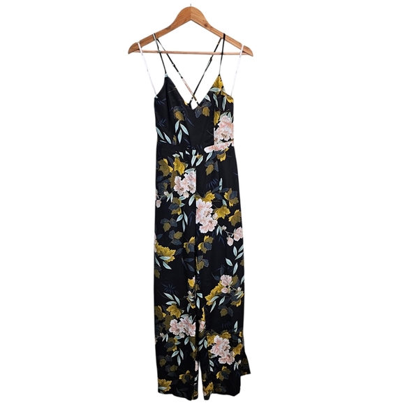 Lulus Beautiful Blooms Black Floral Print Split Wide Leg Jumpsuit Sz Small Boho - Picture 3 of 15